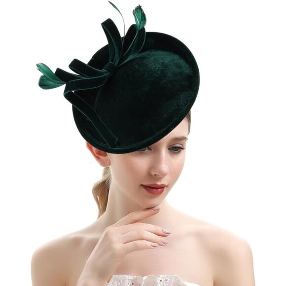 ✨ Bubbmi Fascinator Hat Women Green Velvet or Velour Church Banquet Cocktail Hat - Picture 1 of 6